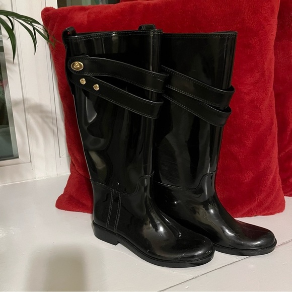 Coach Talia Rain Boots Black Glossy Knee High Rubber Riding Boots Women’s Size 7 - Picture 5 of 12